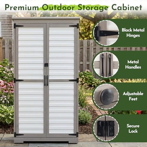 tall outdoor storage cabinet with adjustable shelves, white showing dimensions