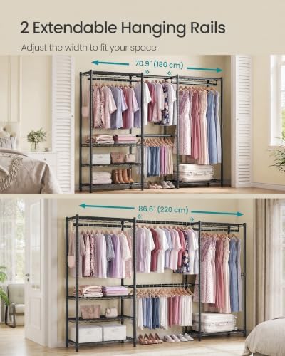songmics clothes rack, adjustable mesh shelves and hanging, side view