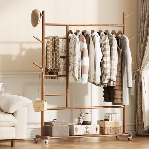 yoobure solid wood clothing rack, 4-in-1 wooden clothes shown in use