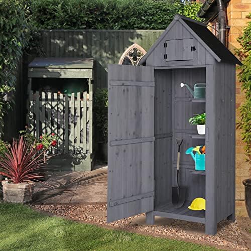 vingli outdoor wooden storage shed, garden shed outside on a desk or shelf