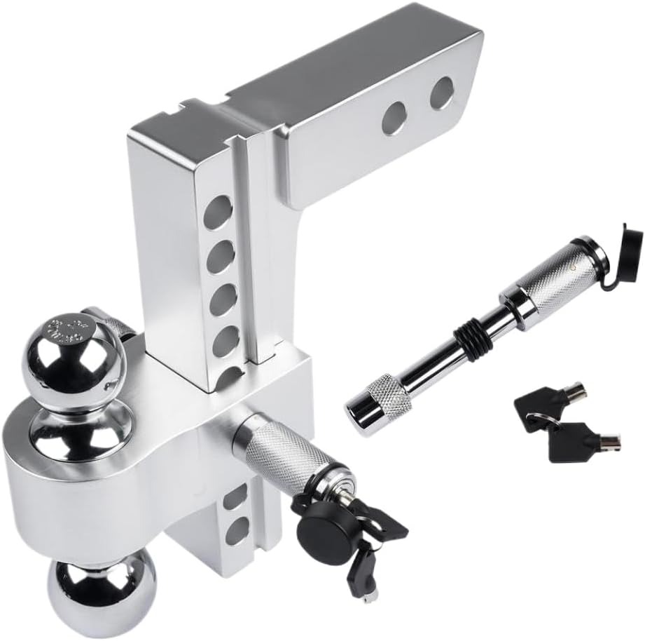 Silver Aluminum Adjustable Trailer Hitch 2 Inch Receiver 8 Inch Drop Solid Tube 12500 LBS GTW