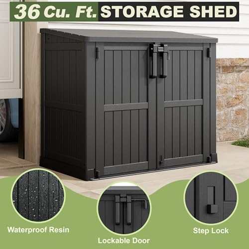 36 cu ft resin outdoor storage shed, weatherproof showing dimensions