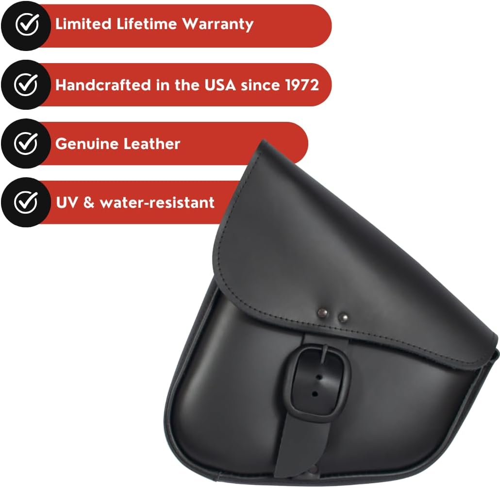 Black Leather Motorcycle Swingarm Bag for Softail/Triangulated Swingarm Models - Matte Black Buckle - Made in USA by Willie & Max [59893-00]