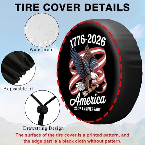 We The People Spare Tire Cover 1776-2026 USA Independence Patriotic Wheel Protector Waterproof American Flag Tire Cover Universal Fit for RV SUV Truck Travel 18"