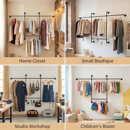 industrial pipe clothing rack, hanging garment rack, wall, package contents
