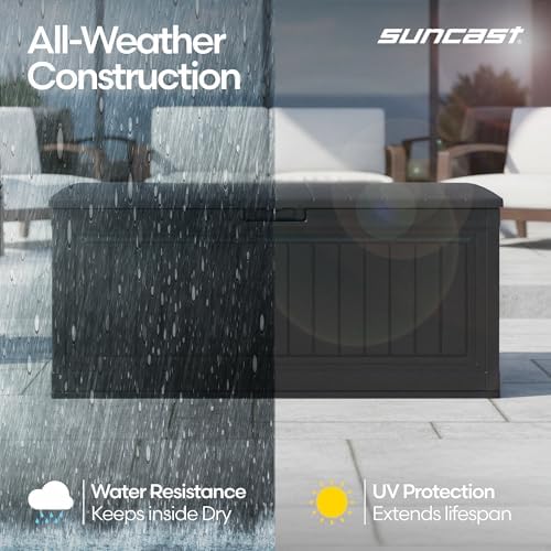 suncast 80 gal, large outdoor patio deck box, side view