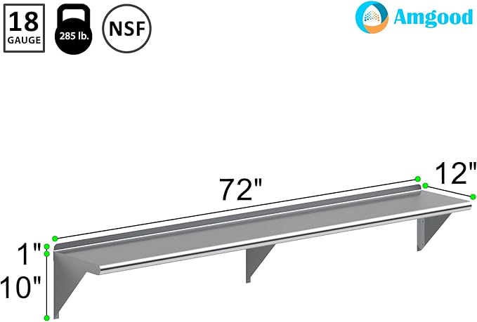 AmGood 72" Long X 12" Deep Stainless Steel Wall Shelf | NSF Certified | - Image 3