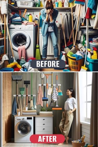 mop and broom holder - clear cleaning clutter shown in use