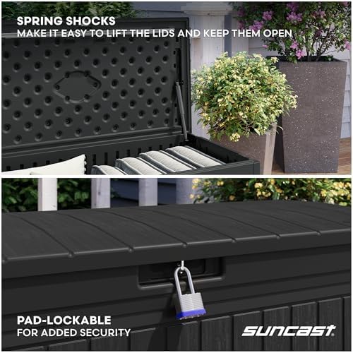 suncast 80 gal, large outdoor patio deck box showing dimensions