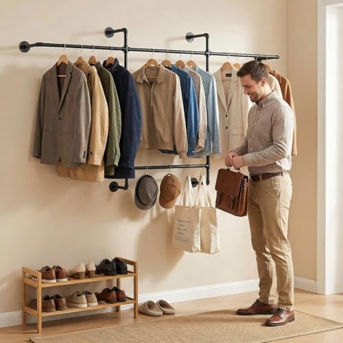 industrial pipe clothing rack, hanging garment rack, wall on a desk or shelf