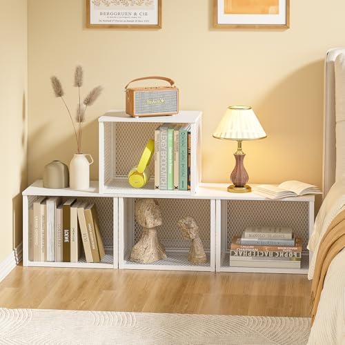stackable closet organizers and storage basket, closet shelves, front angle view