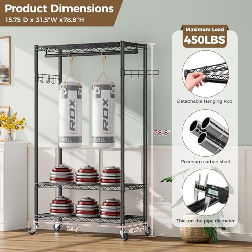 golpart heavy duty rolling clothes rack wheels portable, close-up detail