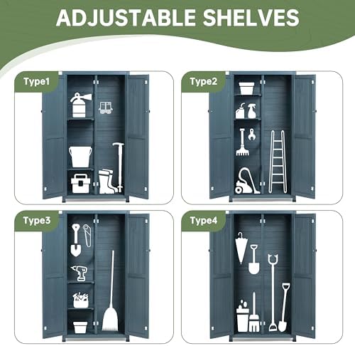 outdoor storage shed with floor & adjustable shelves showing dimensions