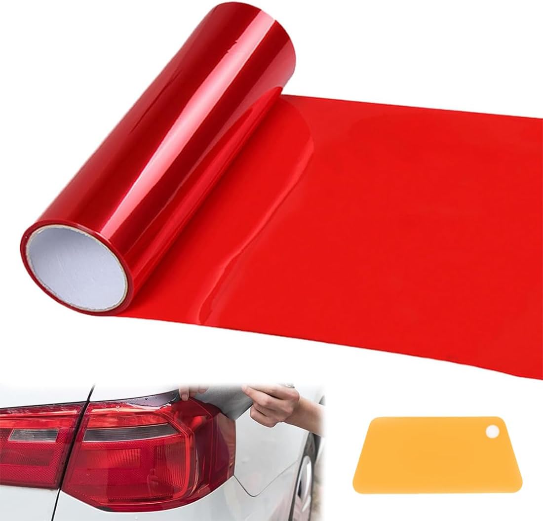 1 Pcs Car HeadLight Tint Film 12 X 48inch,Cuttable&Stretchability Car Headlight Taillight Fog Light Vinyl Wrap Protector,Non-Marking Self-Adhesive Decals Car Decor mit squeegee,red