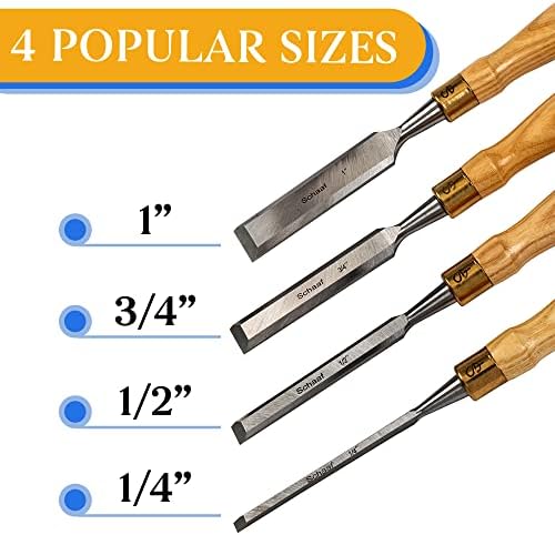 schaaf tools 4-piece wood chisel set for woodworking showing dimensions