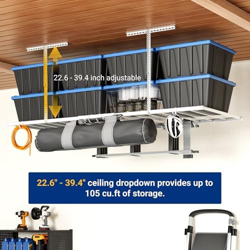 fleximounts 4x8 overhead garage ceiling storage rack with showing dimensions