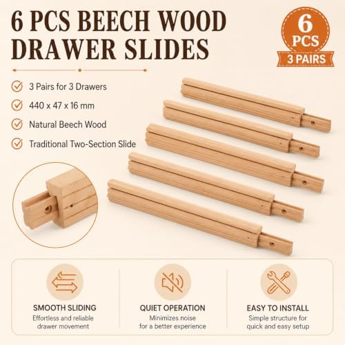 cyeah 6 pcs wood drawer slides, 17 inch, close-up detail