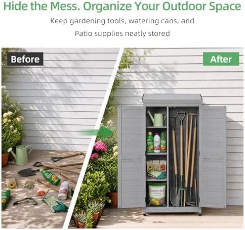 68'' outdoor storage cabinet, wooden garden tool cabinet, side view