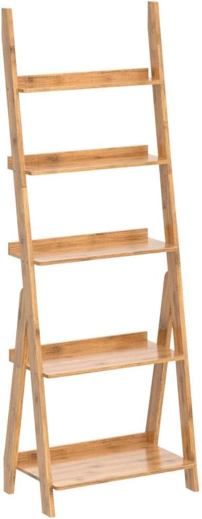 Maydear Bamboo Ladder Shelf Bookcase, 5-Tier Leaning Bookshelf Free Standing