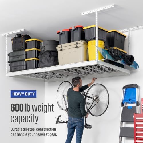 saferacks white 4x8 overhead storage rack w/ 5-pc showing dimensions
