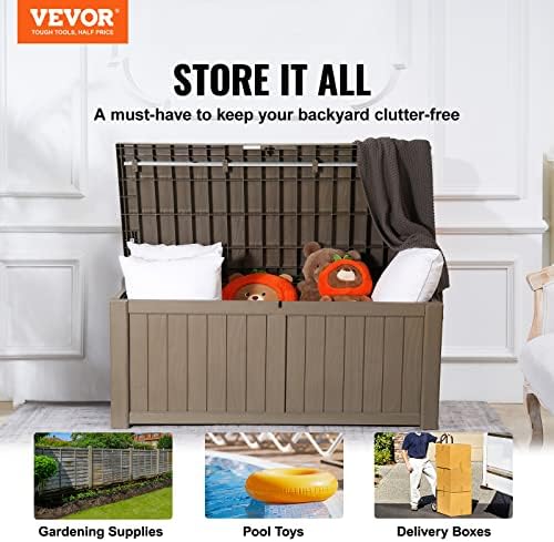 vevor deck box, 120 gallon outdoor storage box shown in use