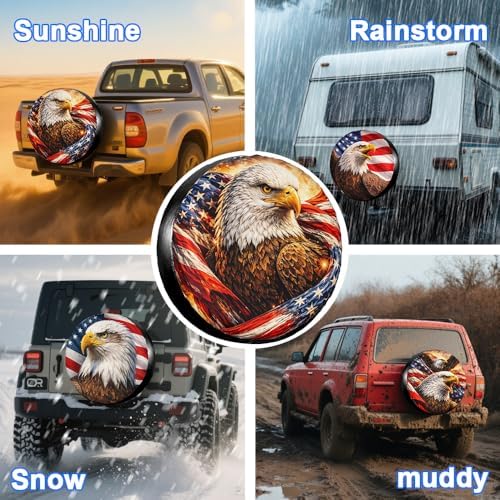 Custom Spare Tire Cover with Text, Personalized Waterproof American Flag & Bald Eagle Tire Cover for Jeep Wrangler, RV, Trailer 14" 15" 16" 17" Patriotic Outdoor Car Accessory