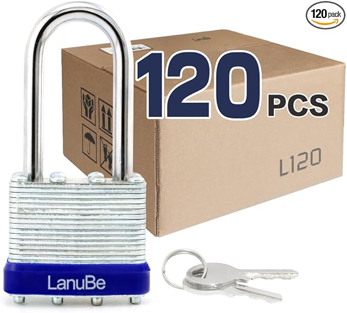 LanuBe Laminated Padlock 1-9/16inch Long Shackle 120 Pack Keyed Alike, Bulk by LanuBe