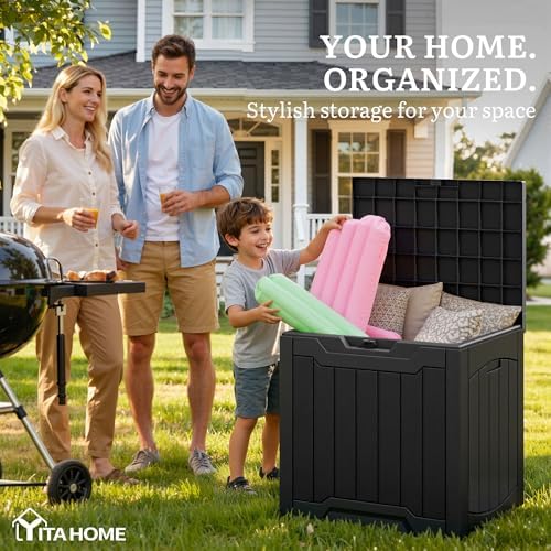yitahome 31 gallon resin deck box outdoor storage shown in use