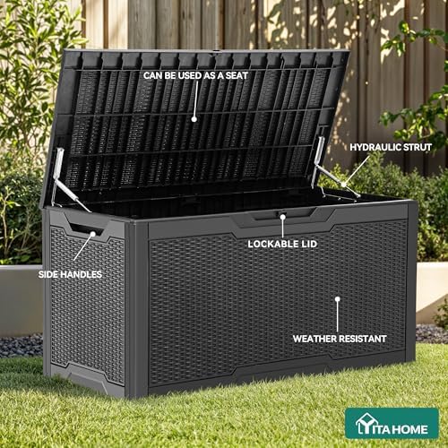 yitahome 100 gallon outdoor deck box, waterproof storage, side view