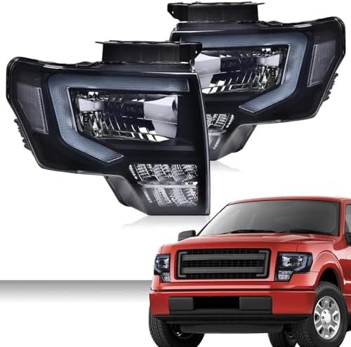 PIT66 LED DRL Headlights Assembly Fit 2009-2014 Ford F150 faros delanteros | Smoke Lens, Black Housing, Clear Reflector, Driver & Passenger Side Head Lamps