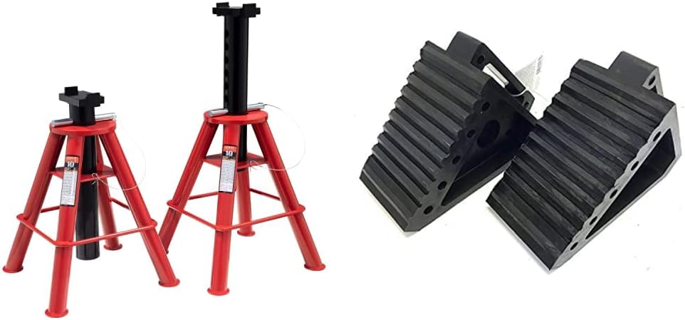 Sunex 1310 10-Ton Medium Height Pin Type Jack Stands, Pair & MAXXHAUL 70472 Solid Rubber Heavy Duty Black Wheel Chock 2-Pack, 8" x 4" x 6"