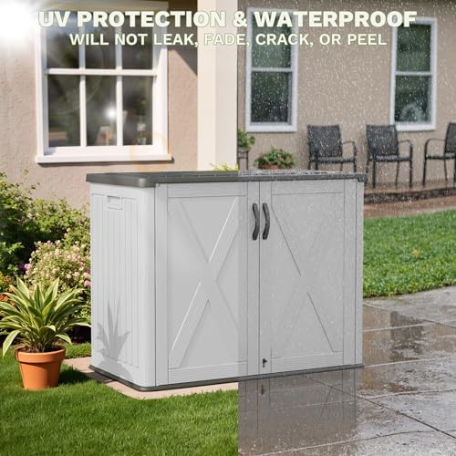 patiowell 26 cu.ft resin outdoor storage cabinet with shown in use