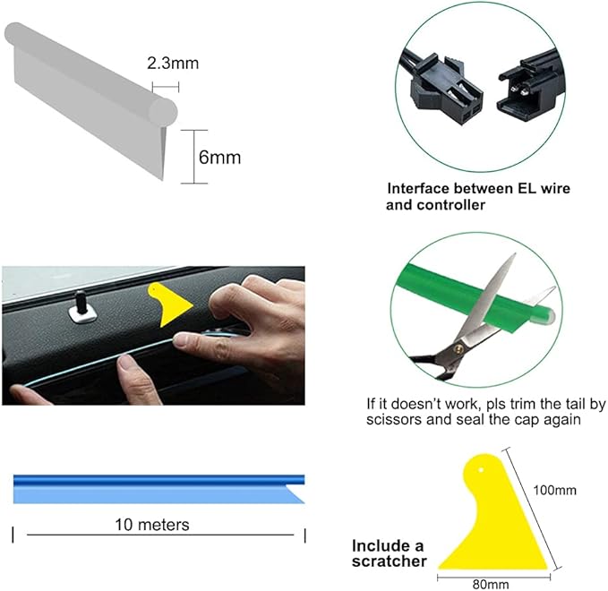 El Wire Yellow Interior Car LED Strip Lights, 10M Neon Wire USB 5V - Image 4