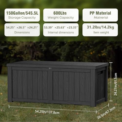 outdoor storage box waterproof, 150 gallon lockable resin shown in use
