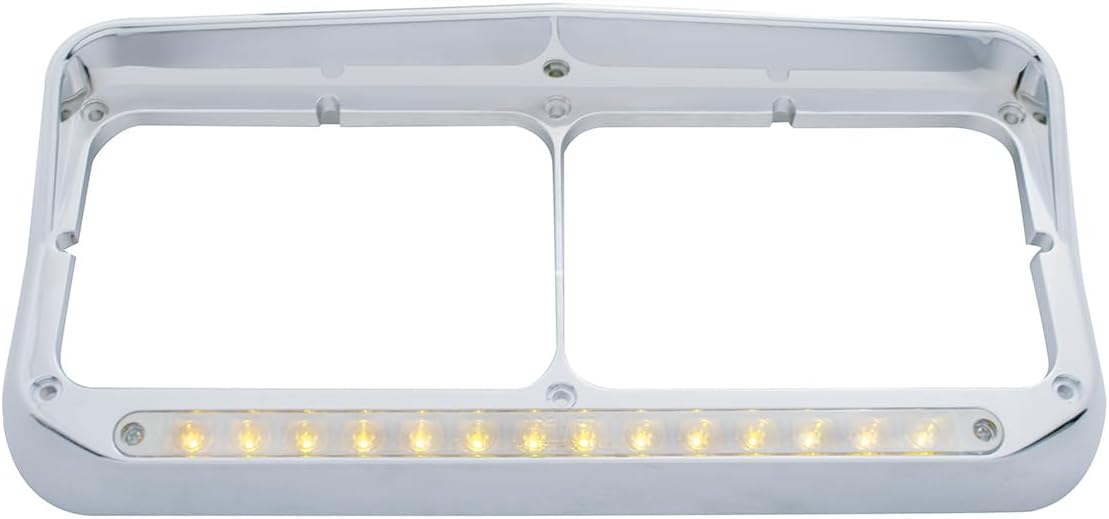 United Pacific 32352P2 Chrome Rectangular 14 LED Dual Headlight Bezel w/Visor, Chrome Plated, Injection Molded Plastic, LED Light Bar Pre-Installed – Amber LED/Clear Lens – 2 Pack