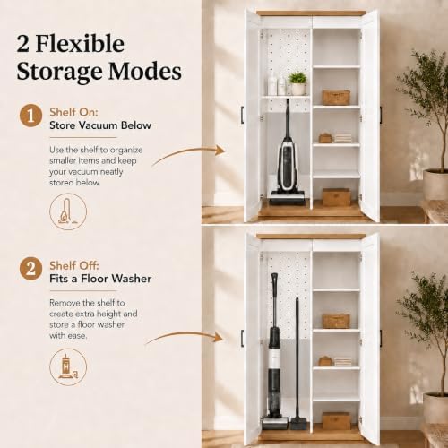 68.9" wooden broom closet storage cabinet with perforated, side view