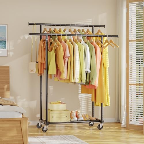 hyseyy double rods clothes rack, rolling clothing rack, front angle view