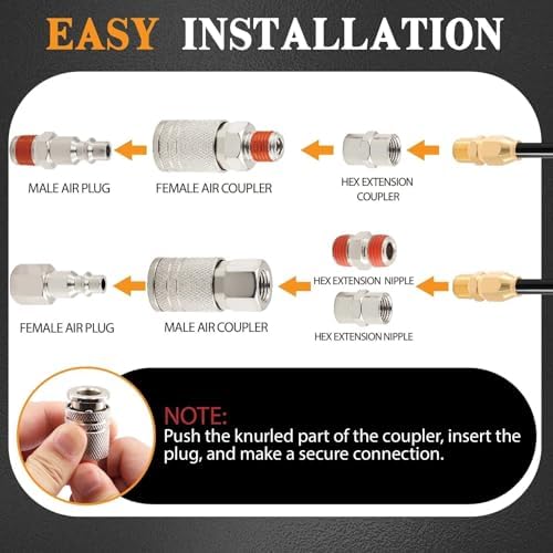 1/4" npt air compressor coupler & plug kit showing dimensions