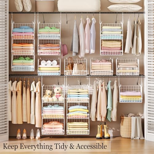 x-cosrack 3 tier foldable closet organizer, clothes shelves shown in use