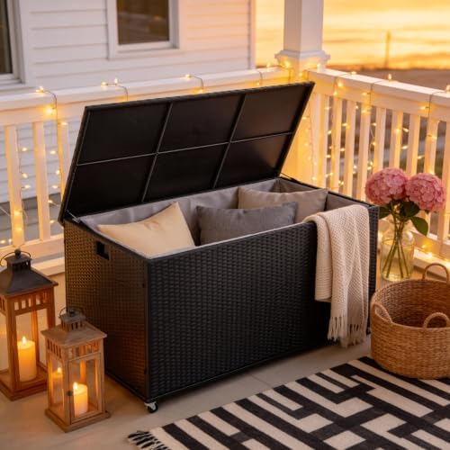 sundale 170 gallon oudoor deck box, large rattan, front angle view