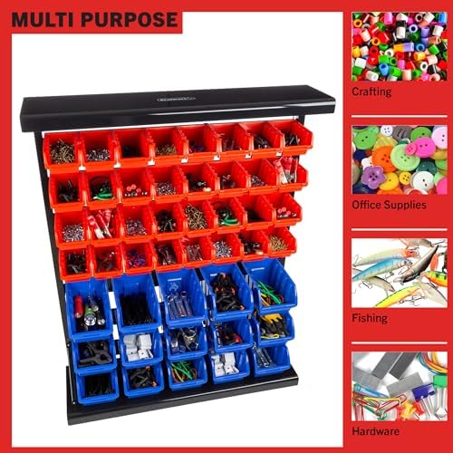 47-bin garage organization rack (15 large, 32 small) showing dimensions