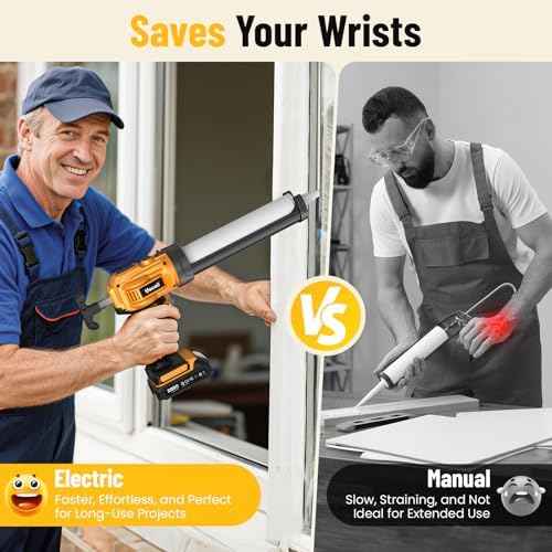electric caulking gun, cordless caulk gun with 2x shown in use