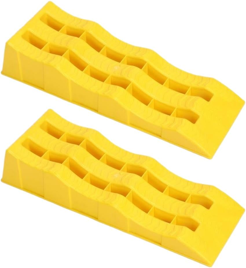 RV Camper Leveling Blocks Ramps 3-Stage Yellow Trailer Wheel Chocks for Stabilizing Uneven Ground – Pair