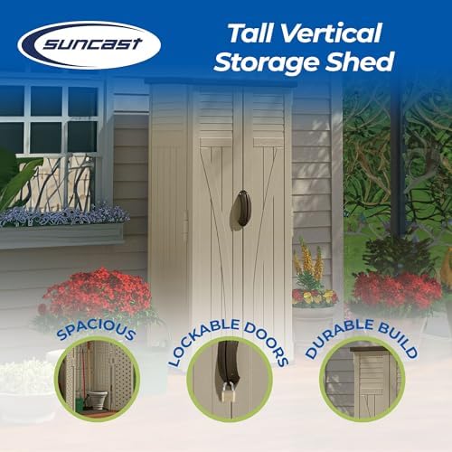 suncast vertical shed, compact outdoor storage system, 22 shown in use