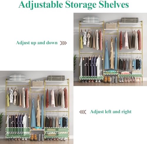 white/gold wall mount clothes rack with 5 hanging, side view