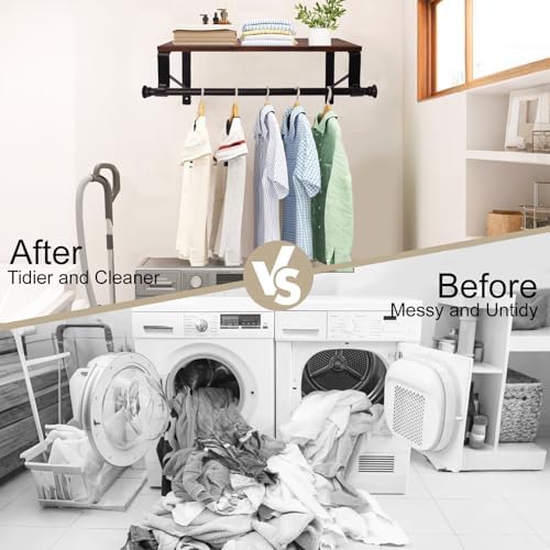 wall mounted shelf with hanging rod, laundry room, side view