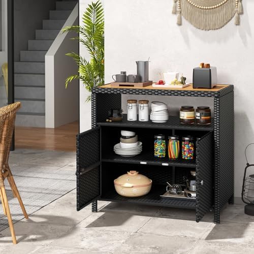 tangkula rattan outdoor storage cabinet, patiojoy outdoor cabinet, front angle view
