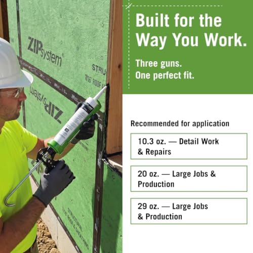 zip system liquid flash cartridge applicator, caulk gun on a desk or shelf