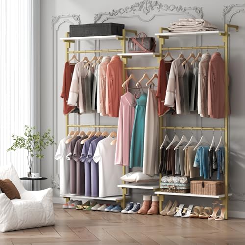 white/gold wall mount clothes rack with 5 hanging, front angle view