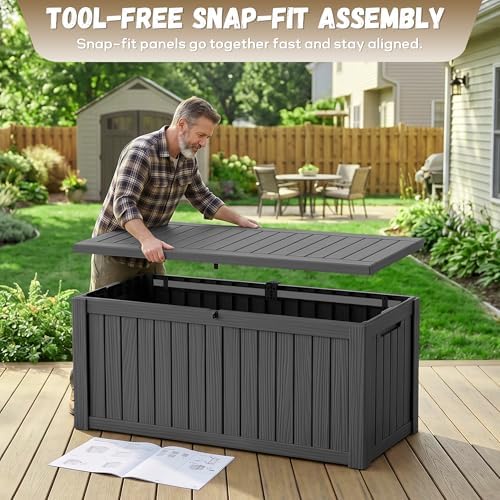 easyup 180 gallon deck box, waterproof& uv resistant showing dimensions
